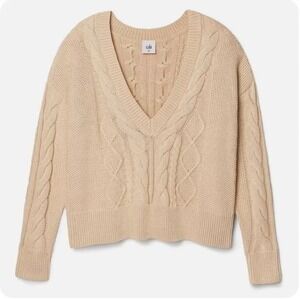 Cabi Sweater Women XL Cream Chunky Cable Knit VNeck Crop 5636 Fisherman Nautical